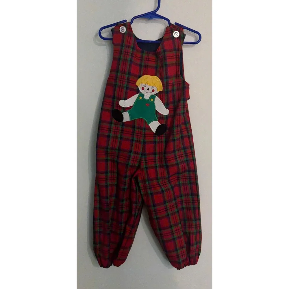 Vintage 90s Kelly's Kids Sz 3 Girls Red Green Plaid Jumper Doll Applique